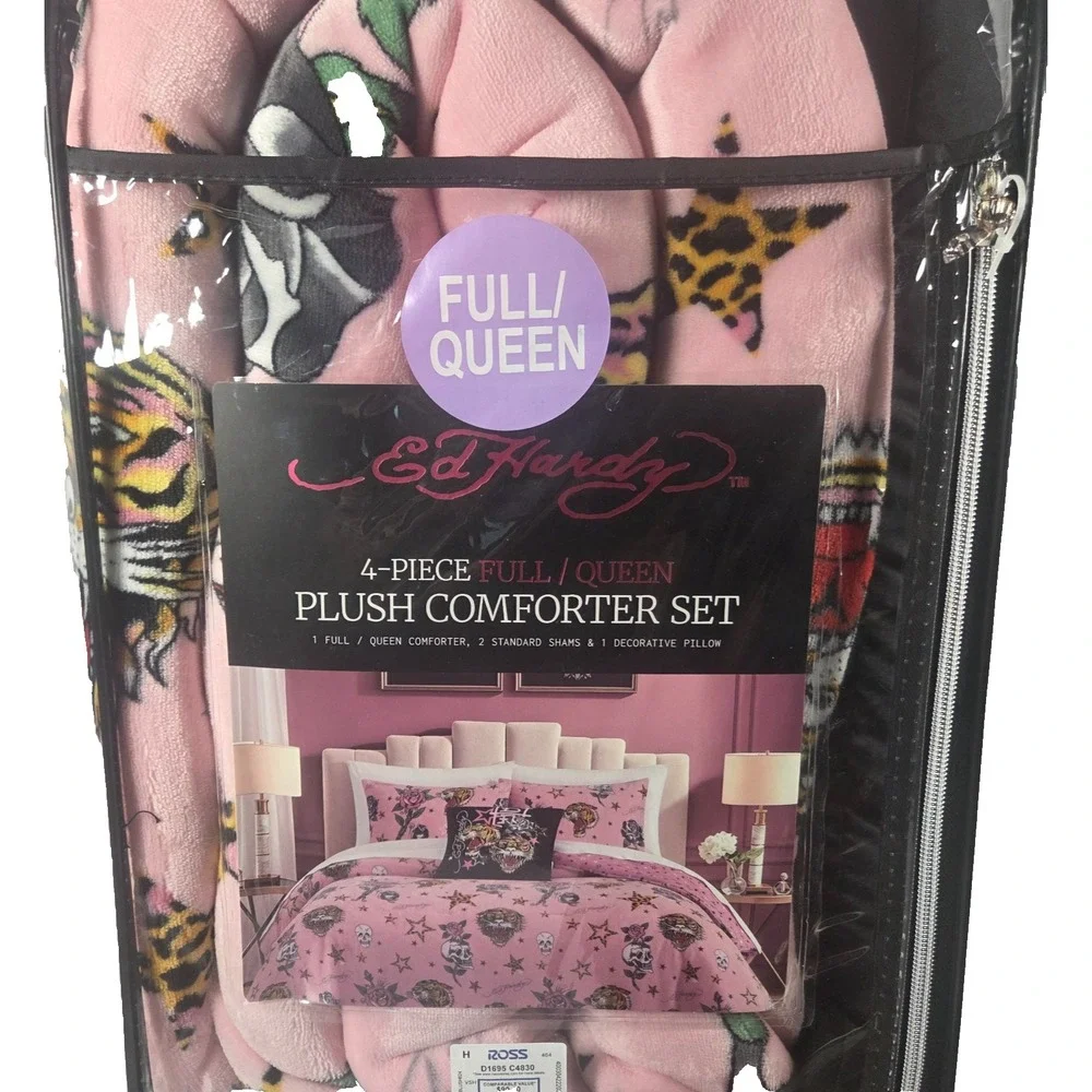 Ed Hardy Queen Comforter Set 4 Piece Pink Tiger Skull Rose Plush Bedding New
